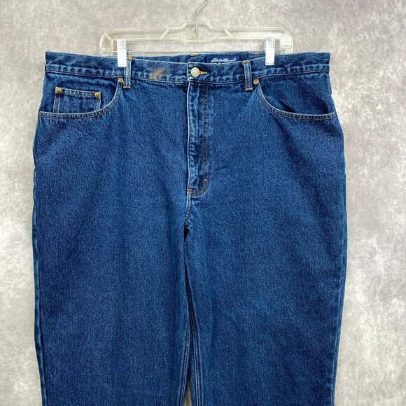 Eddie Bauer Denim Jeans Flannel Lined Mens 42x34 Tall Blue Dark Wash Outdoors - Picture 3 of 12